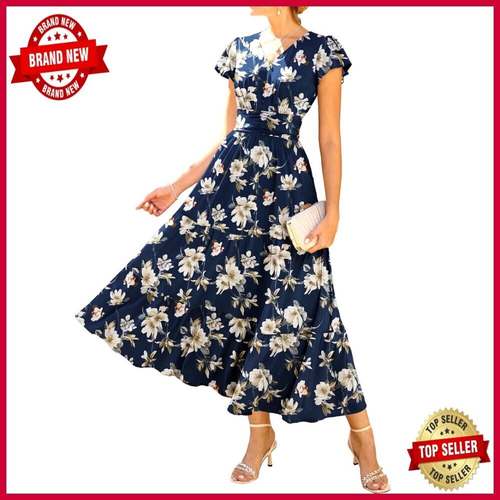 Maxi Floral Dress Semi Formal Wedding Guest Elegant Flowy Short Sleeve Pocket